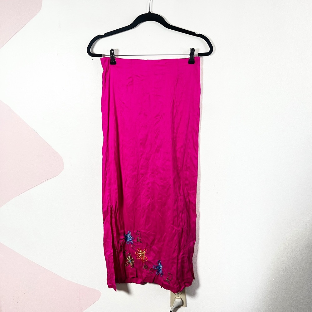 Vintage 100% Silk Midi Skirt Womens 6 Floral Embroidered Festival Beach Summer